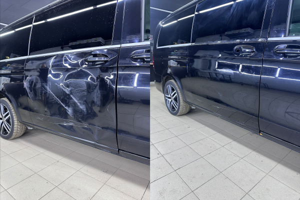 Удаление большой вмятины на сдвижной двери автомобиля без покраски